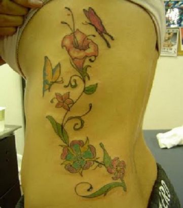 Butterfly And Flower Vine Pic Tattoo On Side Back